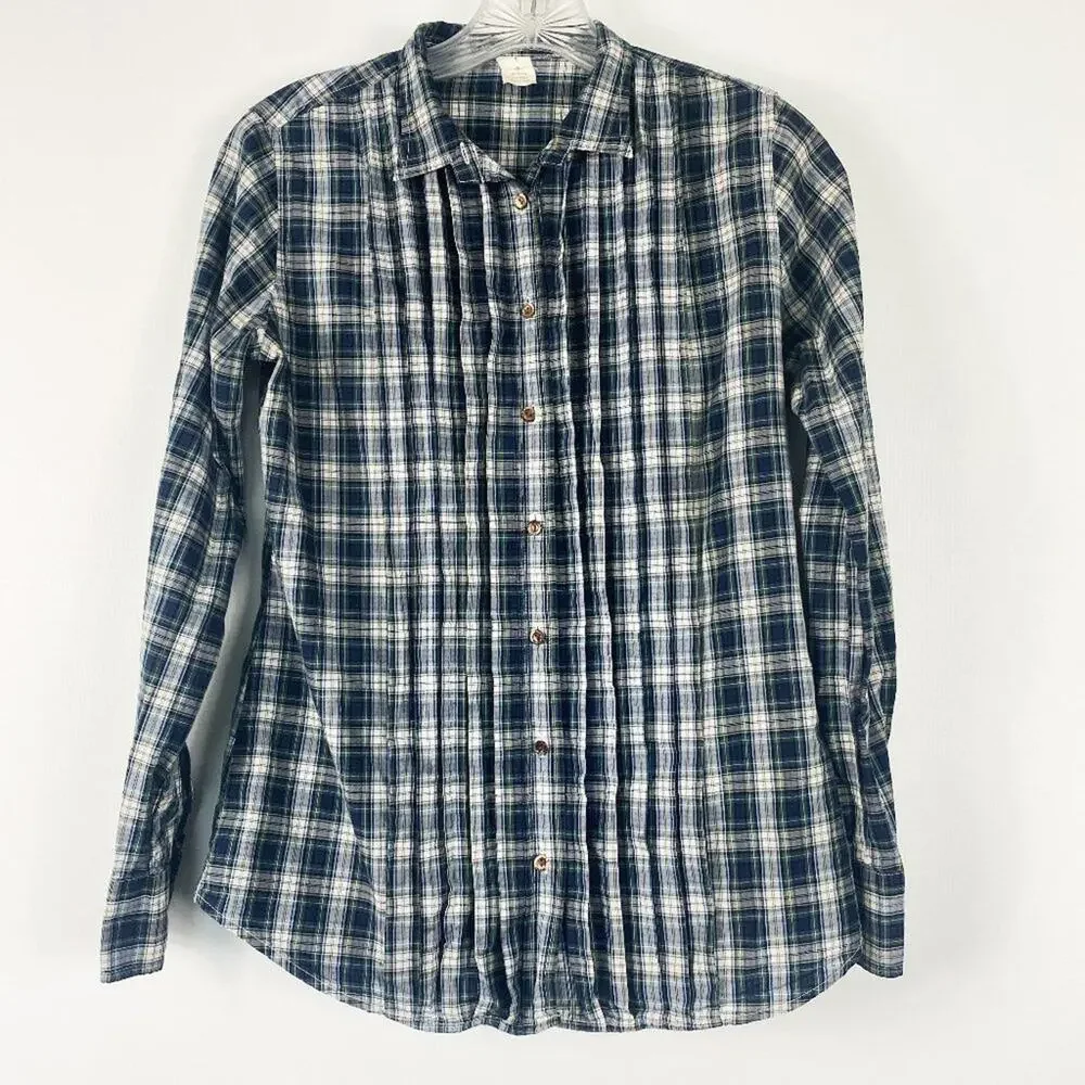 J. Crew Navy Tartan Plaid Ruffled Tuxedo Button Down Shirt Womens XS - Picture 1 of 6